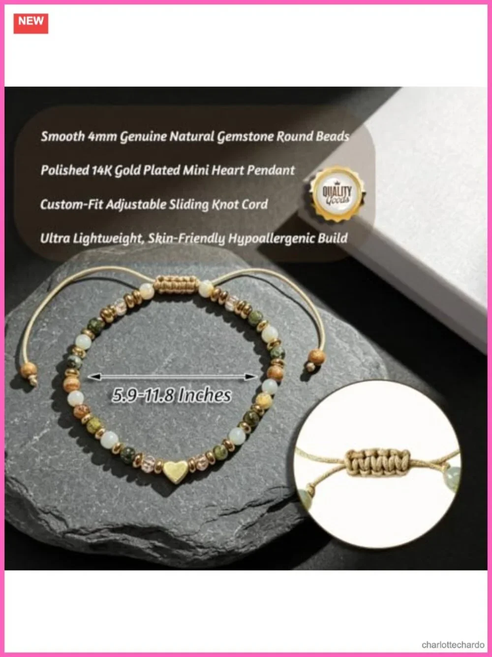 Natural Stone Inspirational Bracelet Heart Charm Adjustable